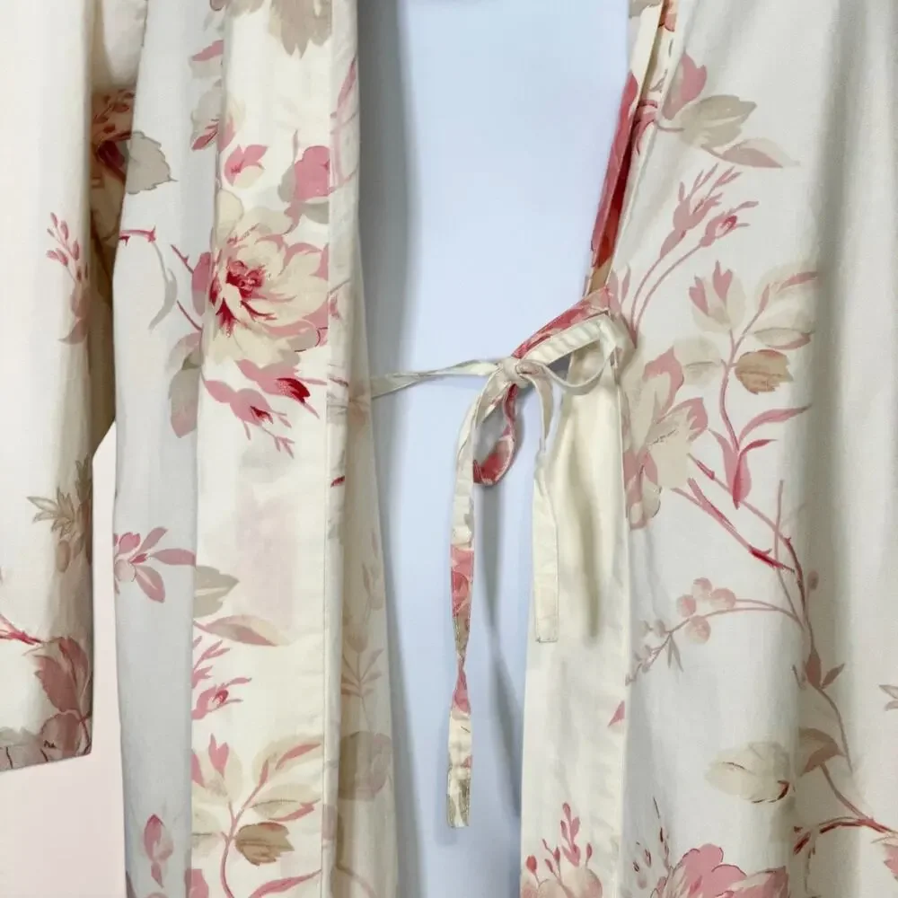 Vintage 90s Floral Cotton Kimono Robe Cottagecore Wrap Duster Mas d’Ouvan Paris - Picture 7 of 11